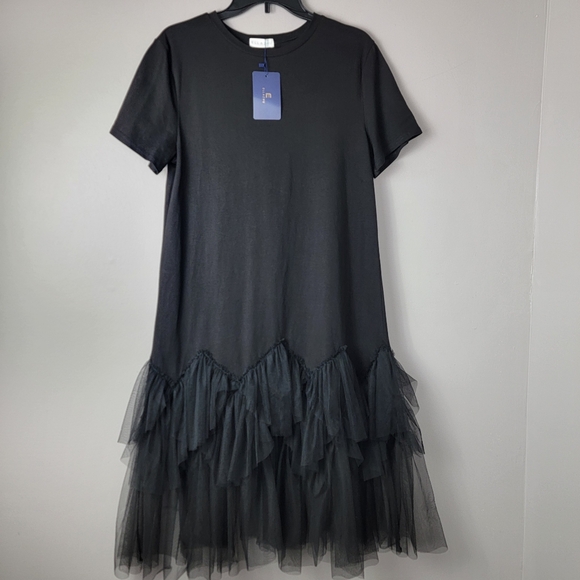 ellazhu Women's Black Casual Short Sleeve Crew Neck Tutu Tulle Dress Oversized. - Picture 1 of 10
